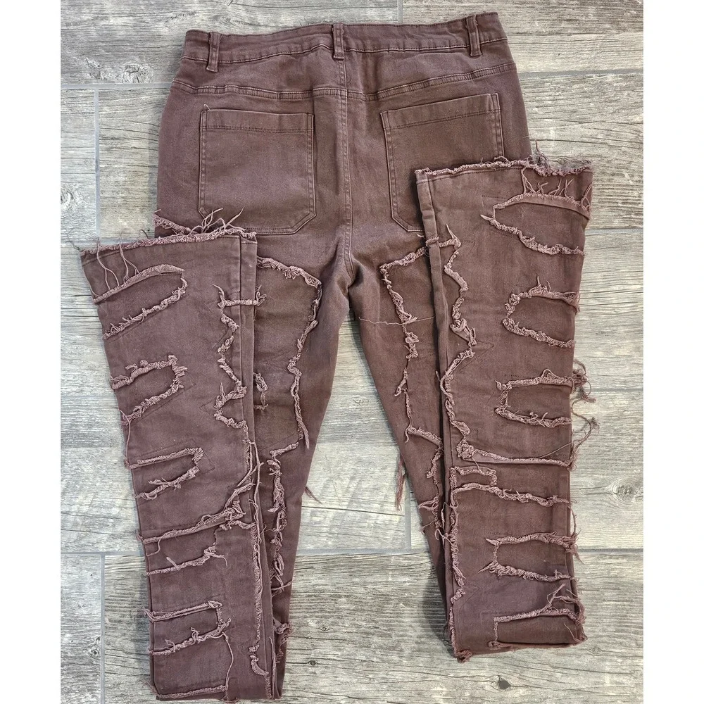 GOTHIC GRUNGE Brown 34 Distressed Patchwork Jeans Streetwear Frayed Raw Edge